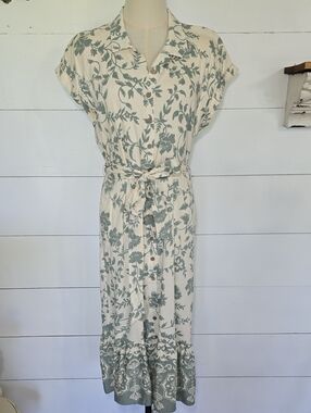 Lucky Brand Green Floral Boho Midi Shirtdress Tie Waist Border Print